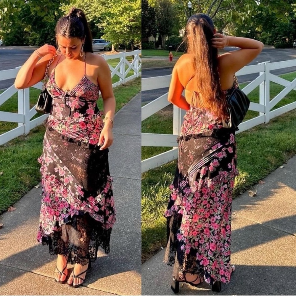 For Love & Lemons Rosalyn Pink Floral Ruffled Formal Strappy V Neck Maxi Dress M - Picture 3 of 14